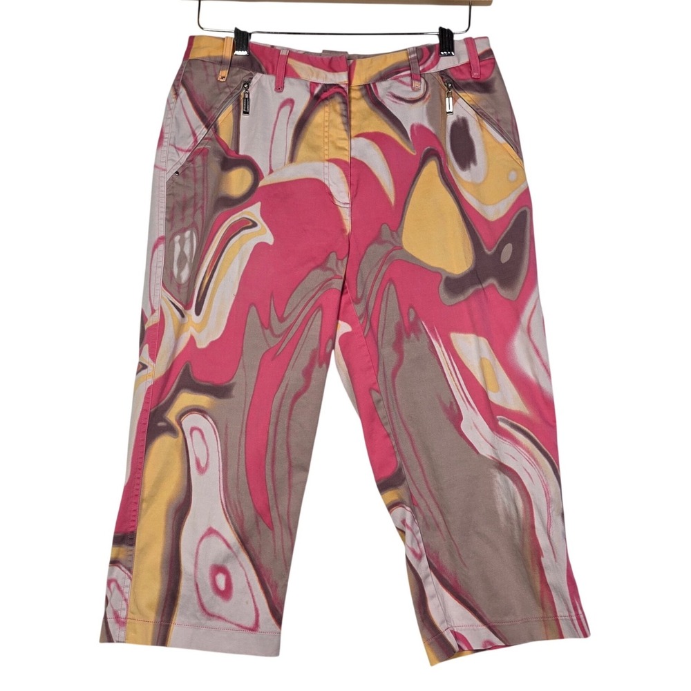 Jamie Sadock Womens 4 Abstract Print Capri Golf Pants Pink Stretch Zip Pockets